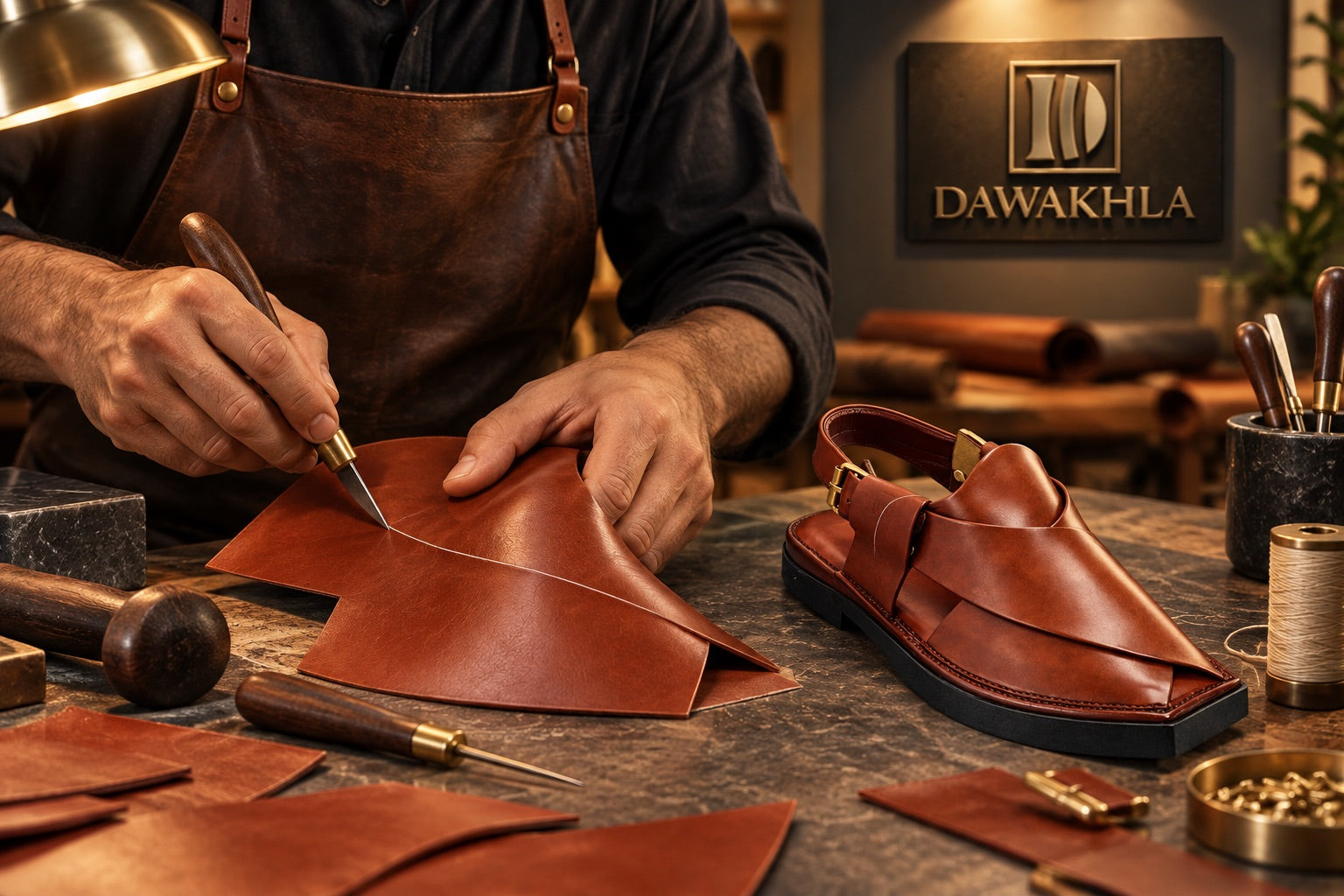 Leather cutting at the Dawakhla workshop